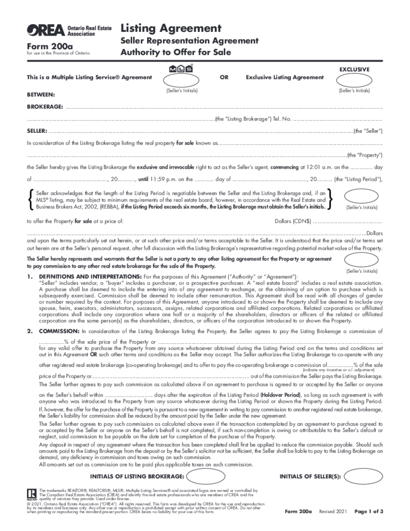 Form 200A, Listing Agreement, Authority to Offer for Sale