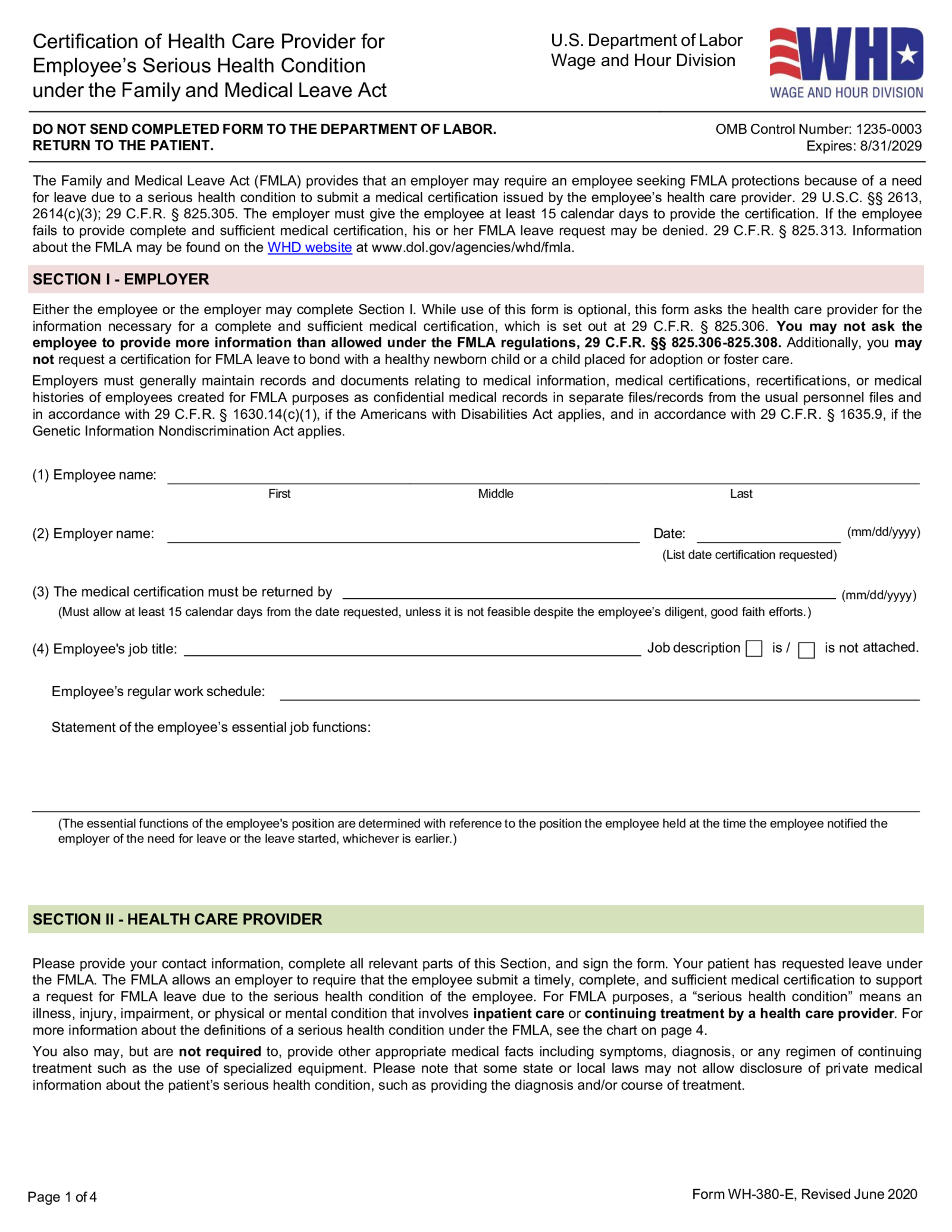 Form WH-380-E, Certification of Health Care Provider for Employee's Serious Health Condition - Thumbnail