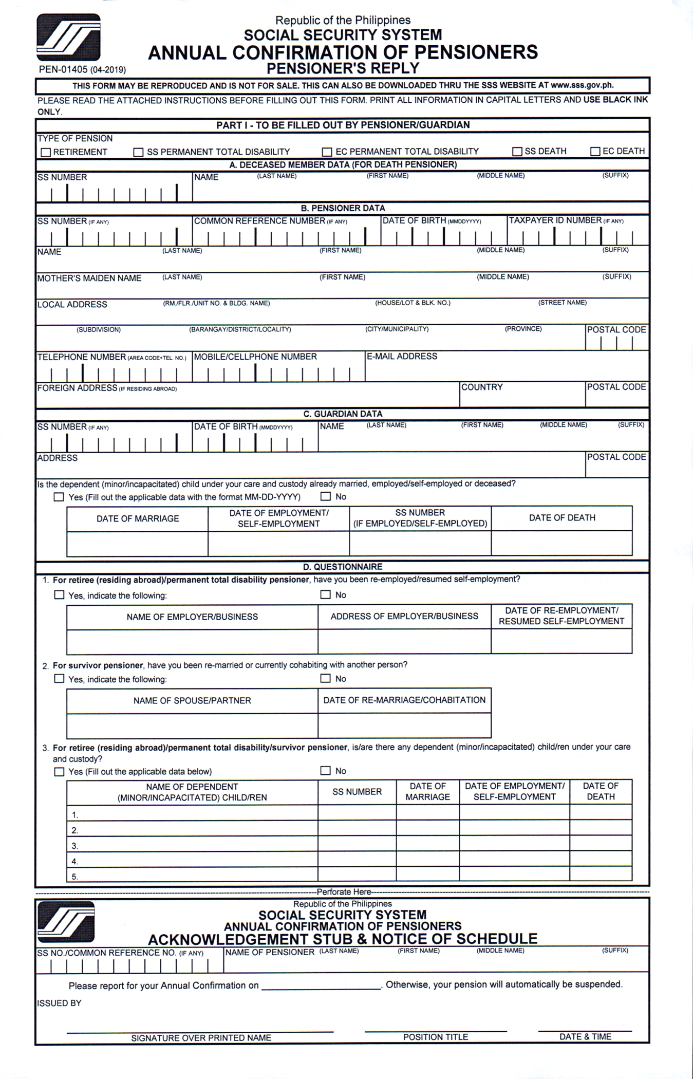 PH SSS PEN-01405, Annual Confirmation of Pensioner's - Thumbnail