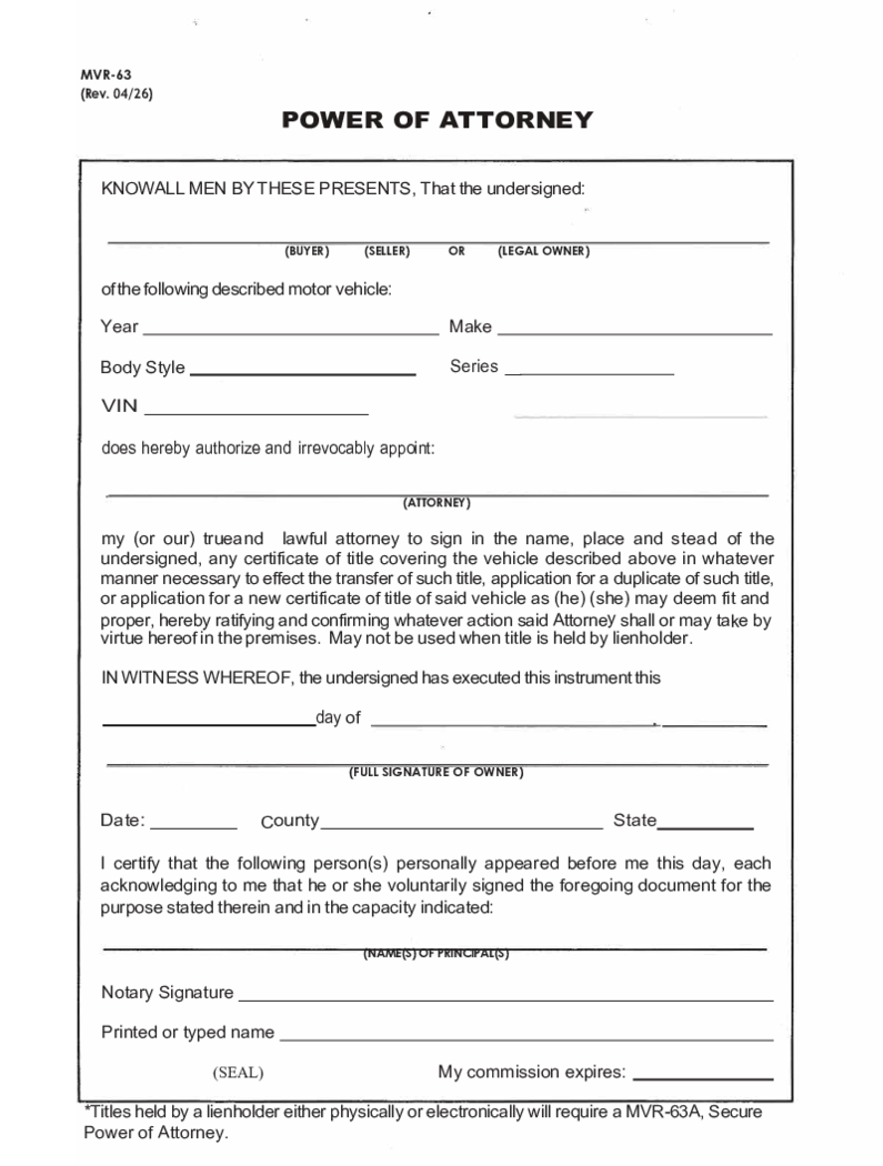 North Carolina Motor Vehicle Power of Attorney (Form MVR-63)