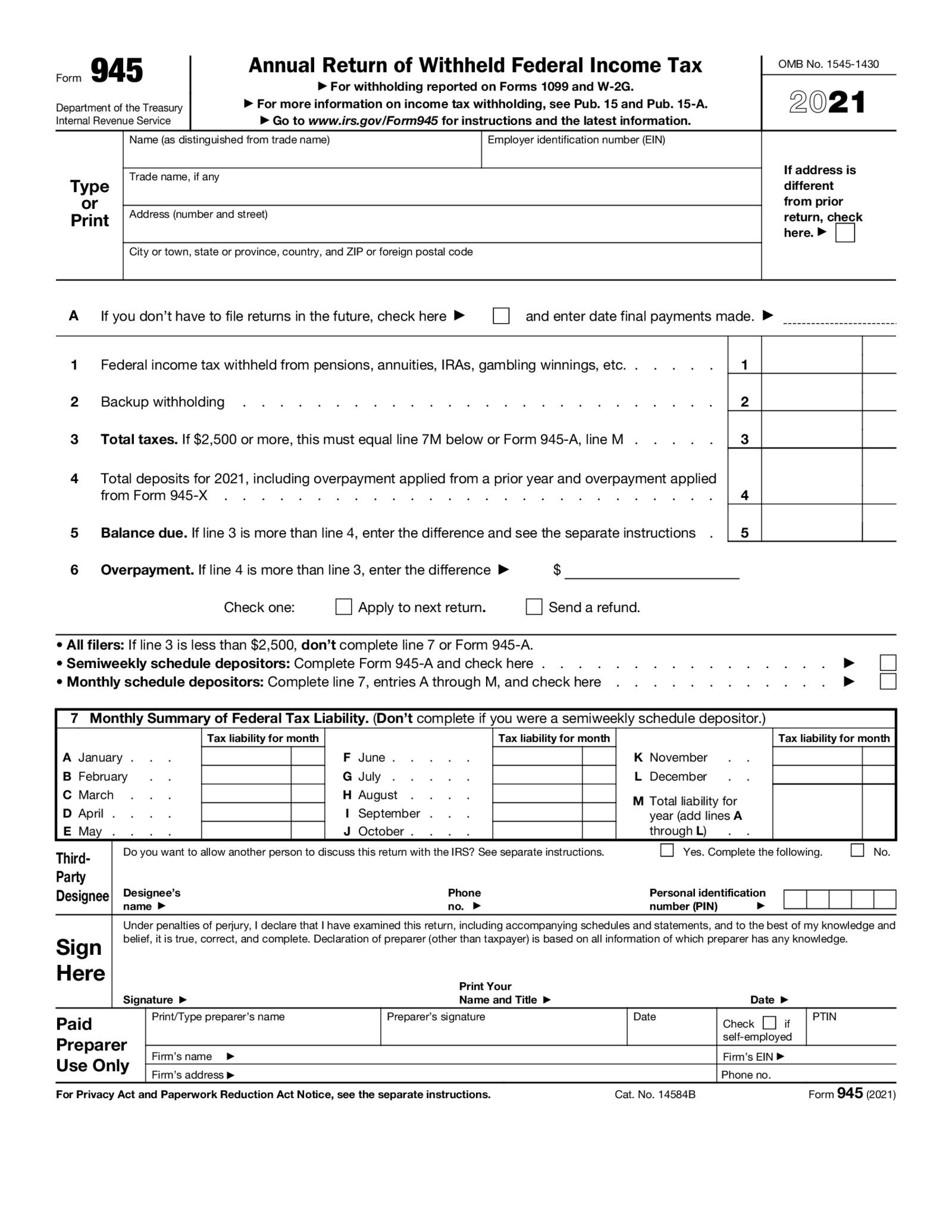 Fillable Form 945 (2021) - Thumbnail