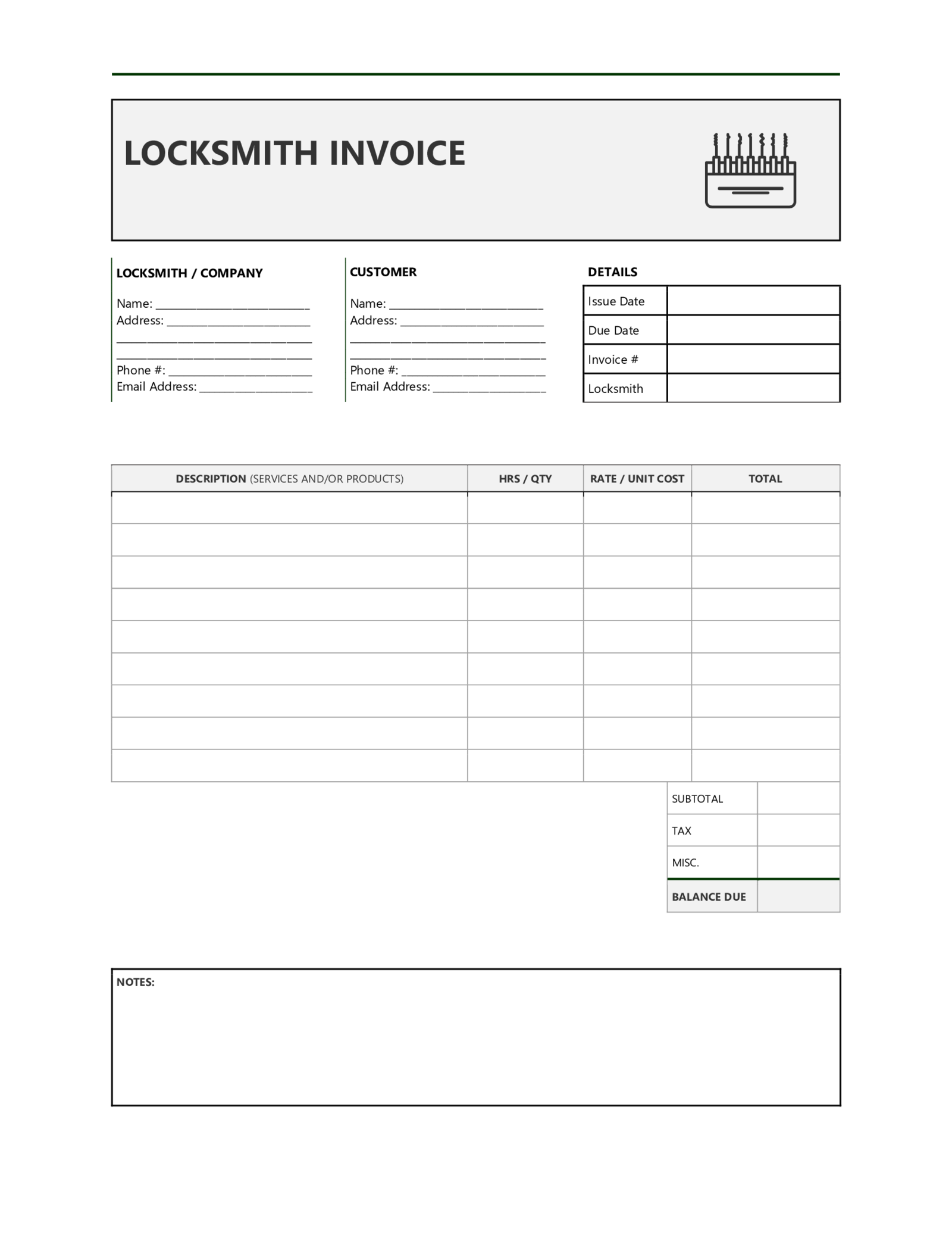 Locksmith Invoice Template - Thumbnail