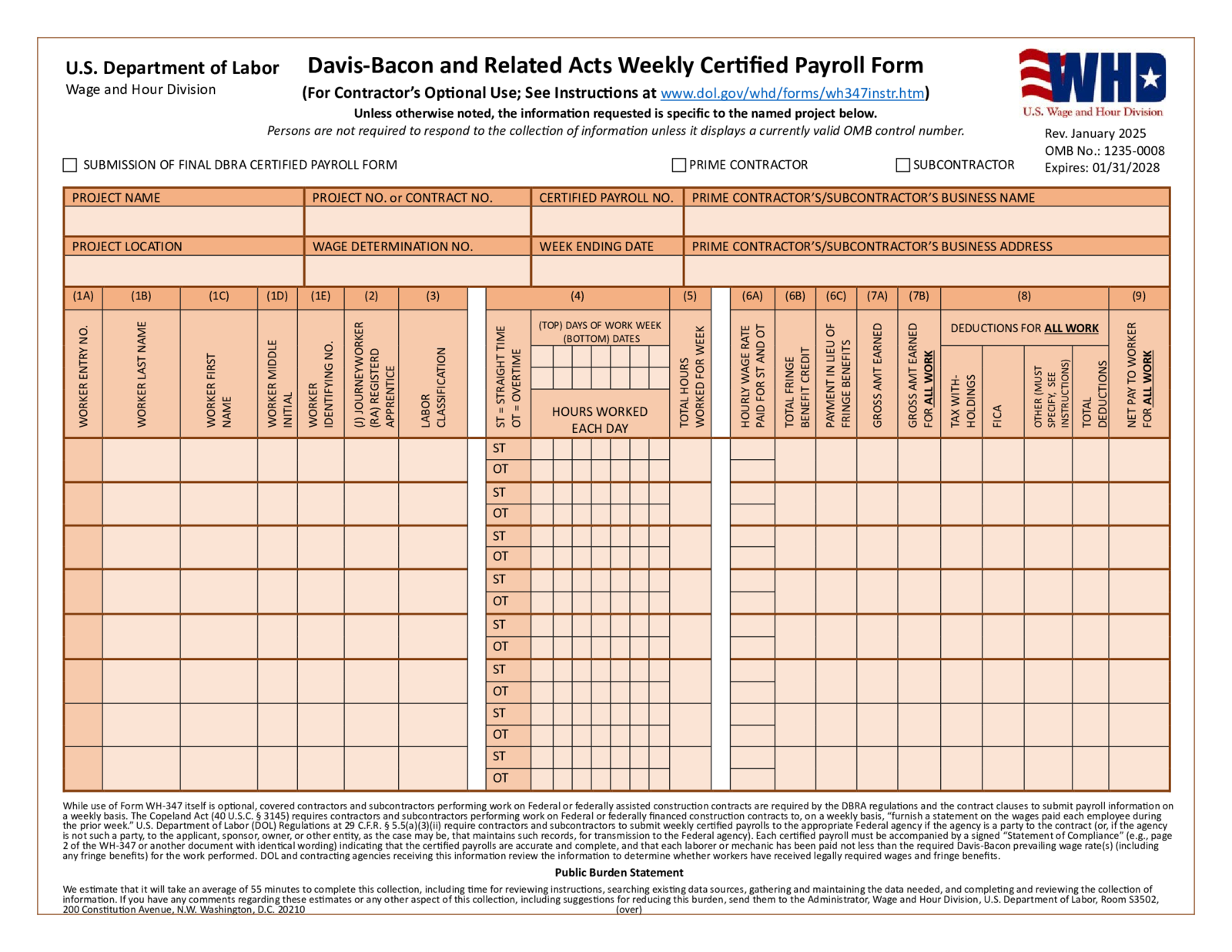 Fillable Certified Payroll Form (WH347) - Thumbnail