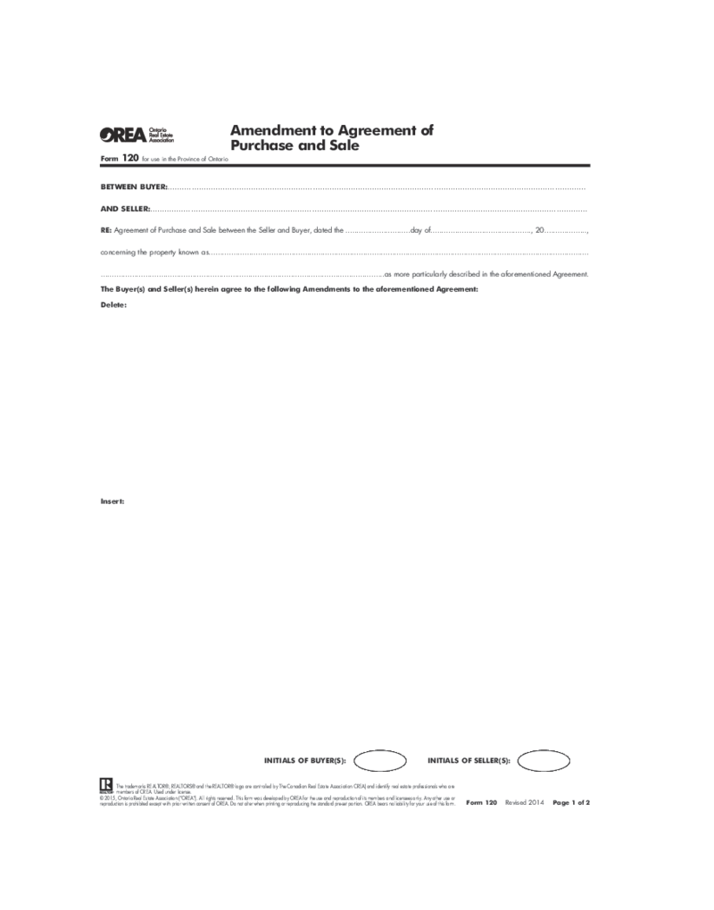 OREA Form 120, Amendment to Agreement of Purchase and Sale