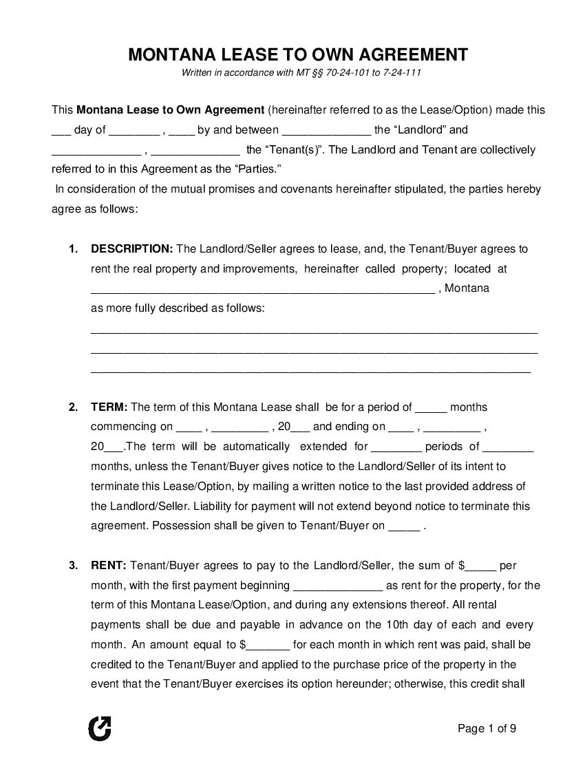 Montana Lease to Own Agreement