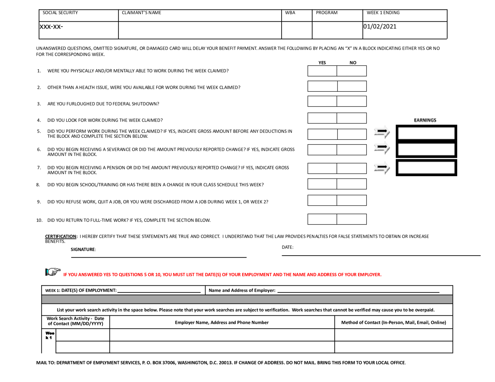 Washington DC Unemployment Weekly Claim Form - Thumbnail