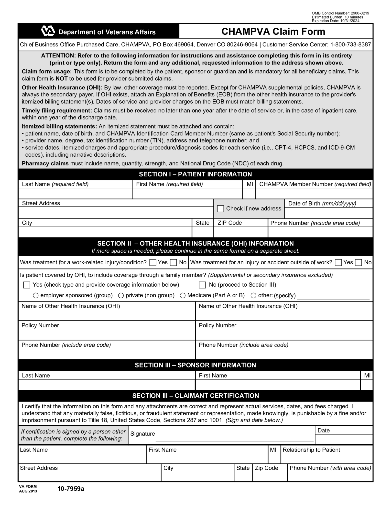 VA Form 10-7959A - CHAMPVA Claim Form - Thumbnail