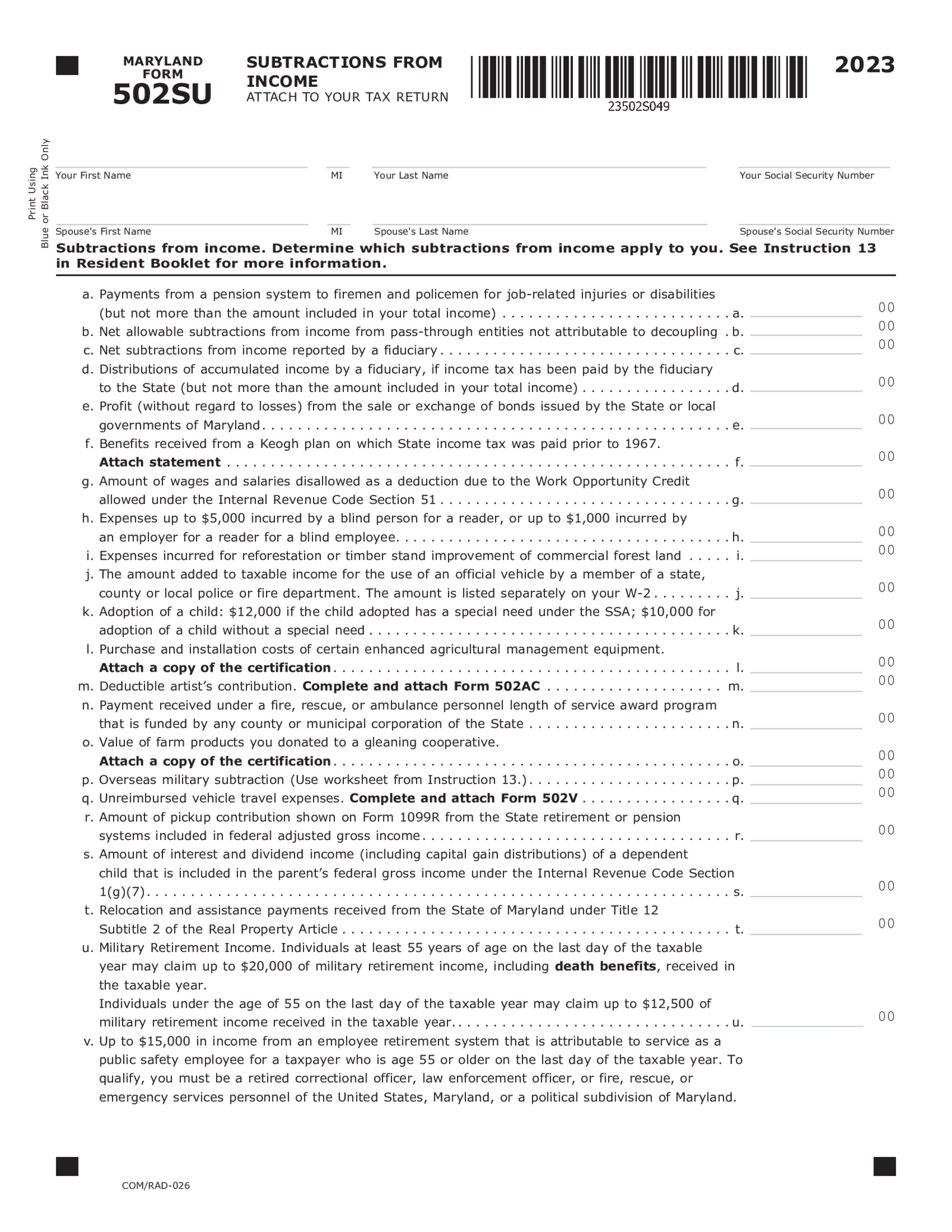 Maryland Form 502SU - Thumbnail