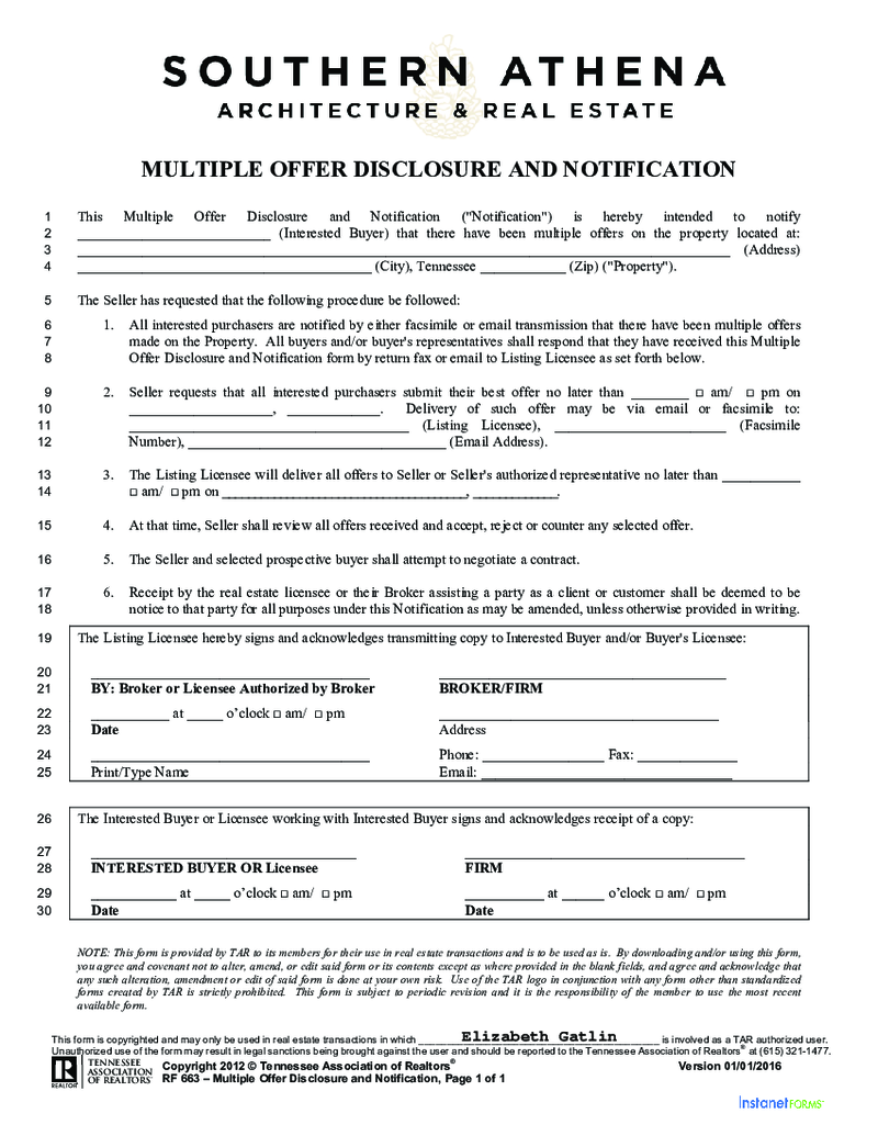 Form RF663 Multiple Offer Disclosure Notification