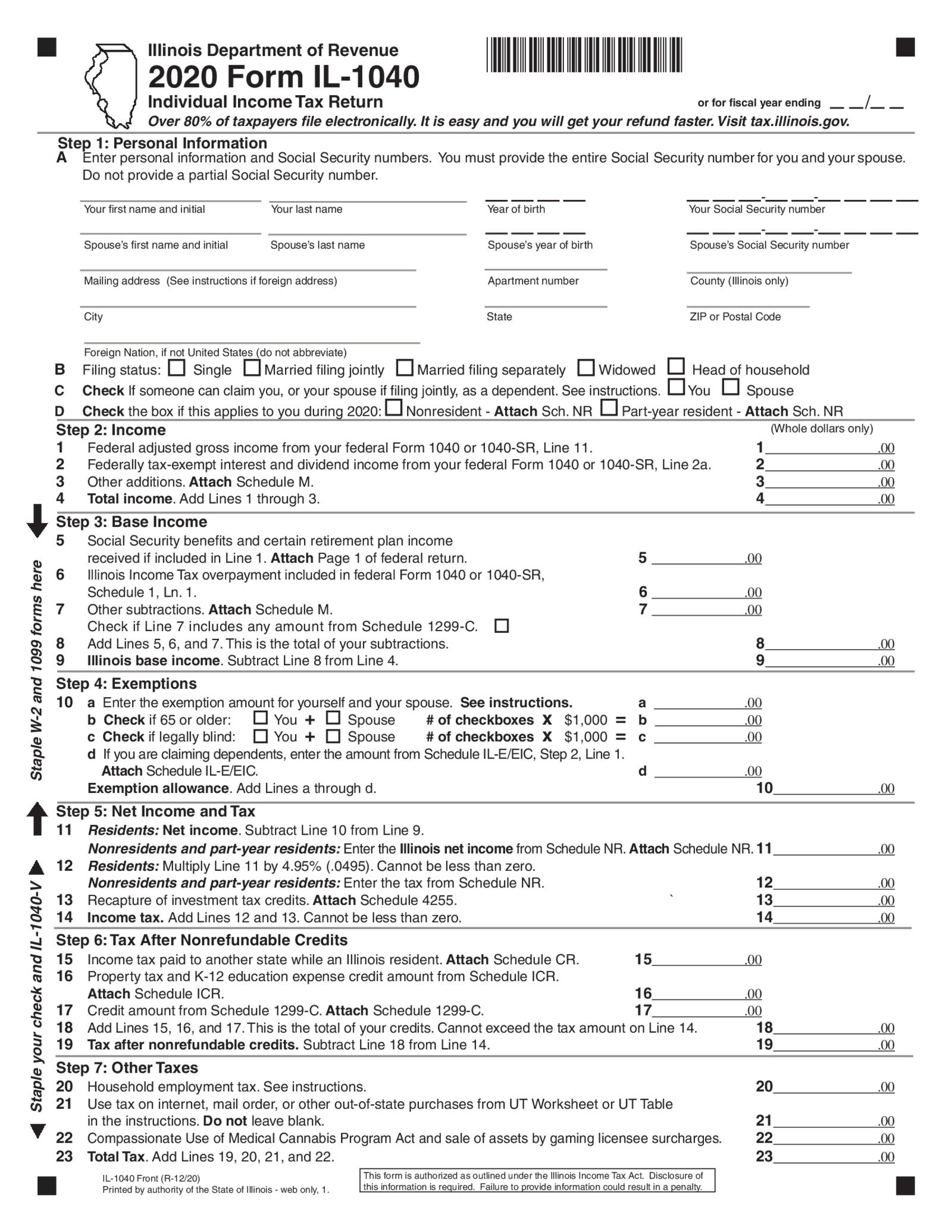 Fillable Form IL-1040 (2020) - Thumbnail