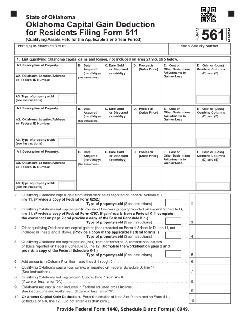 Oklahoma Capital Gain Deduction for Residents Filing Form 511 - Form 561