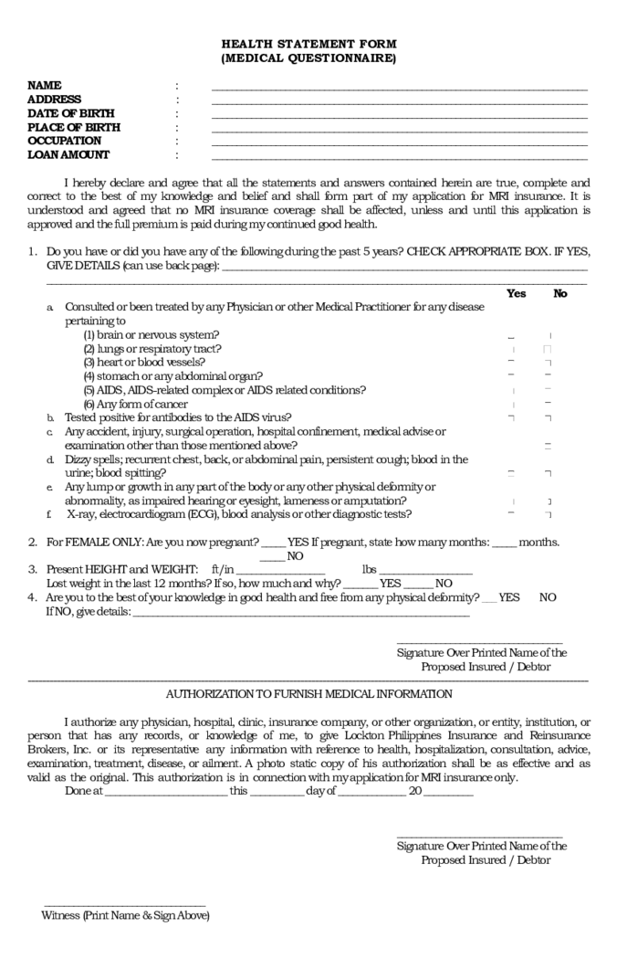 Pag IBIG Fund Health Statement Form
