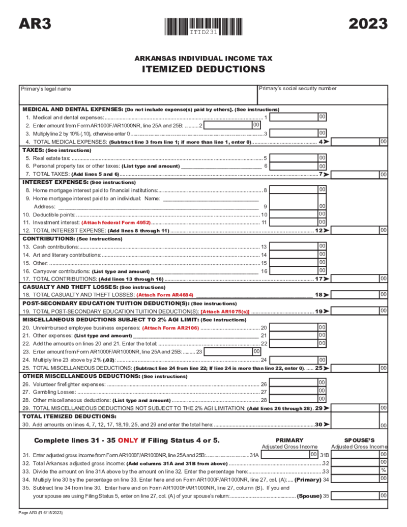 Arkansas Form AR3 Itemized Deduction