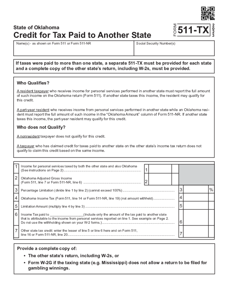 Oklahoma Form 511-TX Credit for Tax Paid to Another State