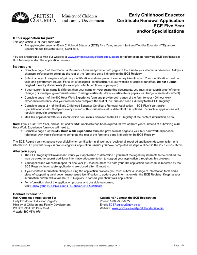 Early Childhood Educator Certificate Renewal Application