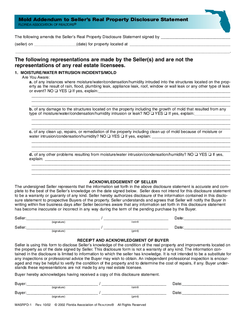 Mold Addendum to Sellers Real Property Disclosure Statement