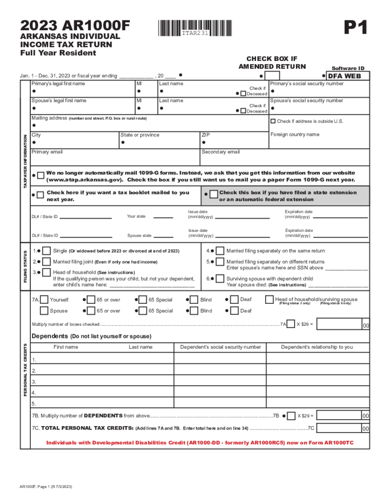 Arkansas Form AR1000F Full Year Resident Individual Income Tax Return