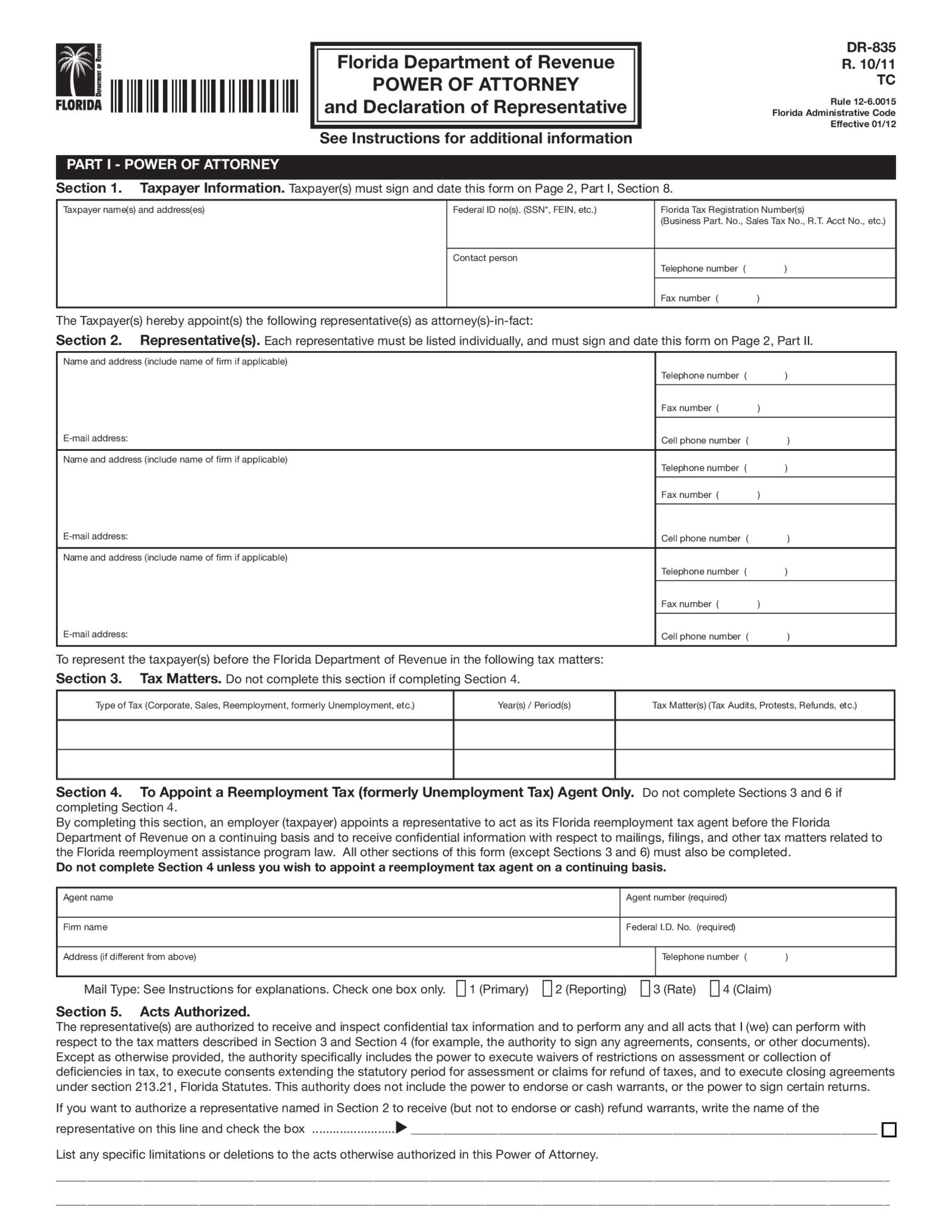 Florida State Tax Power of Attorney (Form DR-835) - Thumbnail