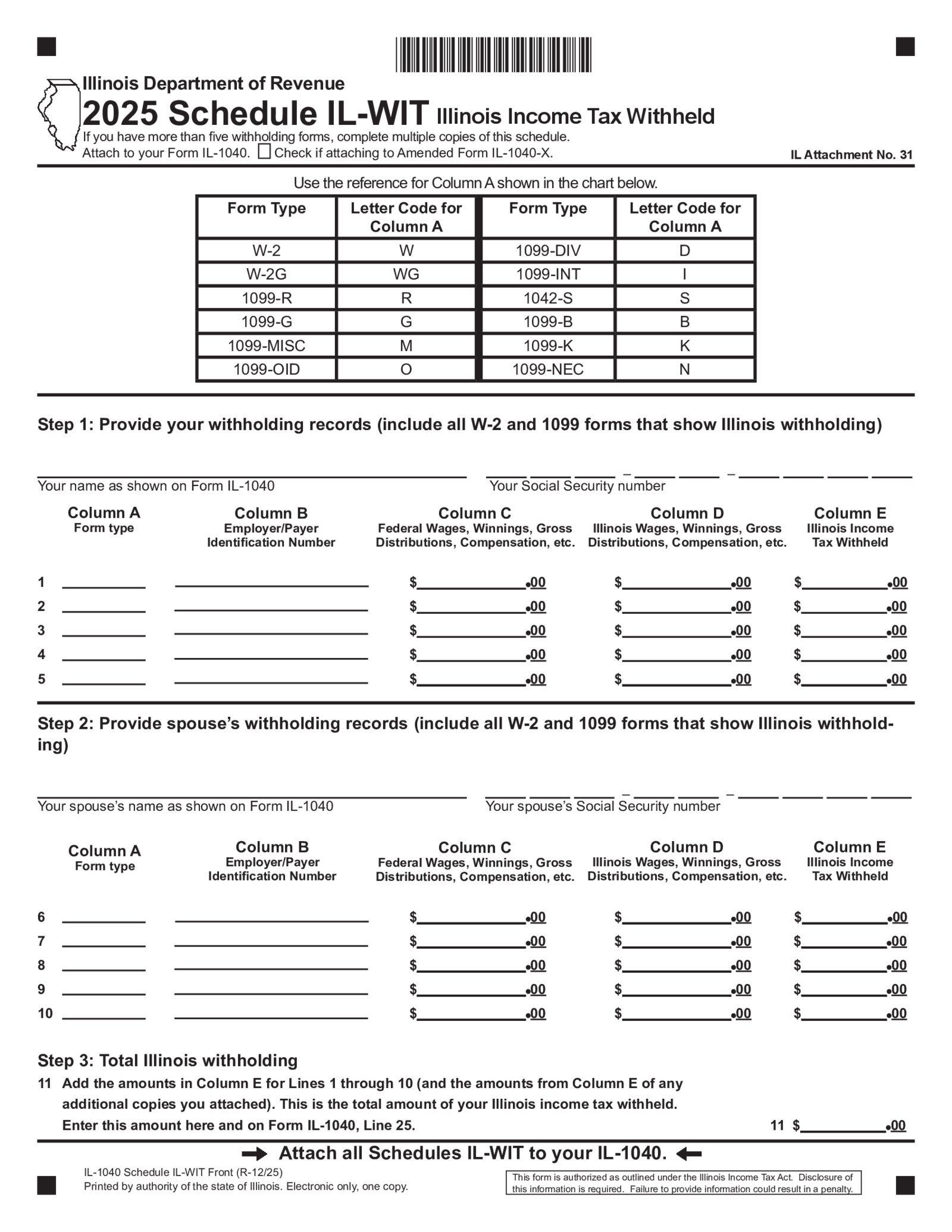 Illinois Tax Form 1040 Schedule IL-WIT - Thumbnail