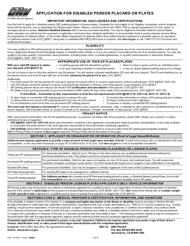 REG 195, Application for Disabled Person Placard or Plates