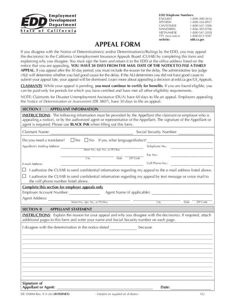 Appeal Form DE 1000M Rev. 9 (3-26)