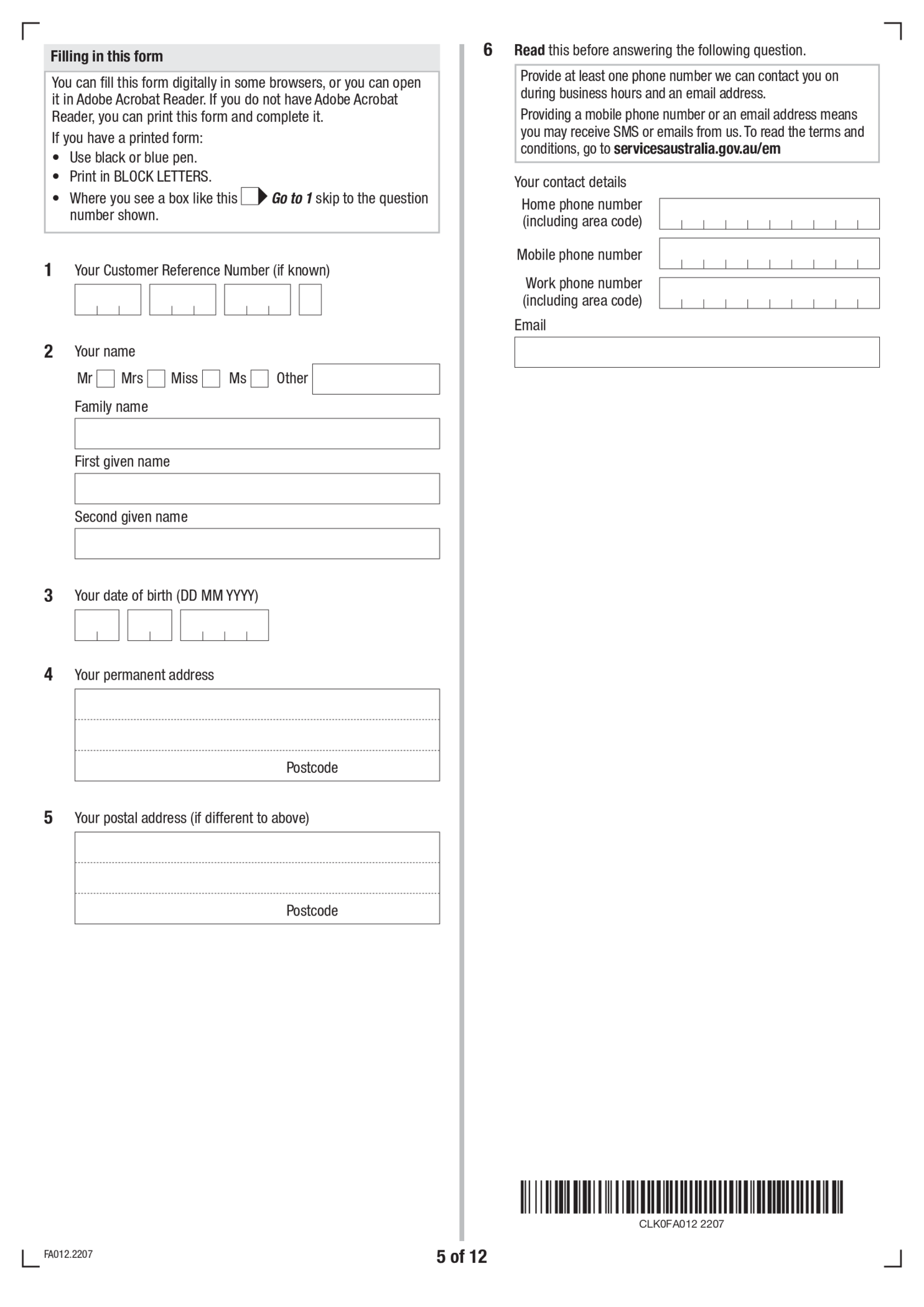 FA012 Form - Thumbnail