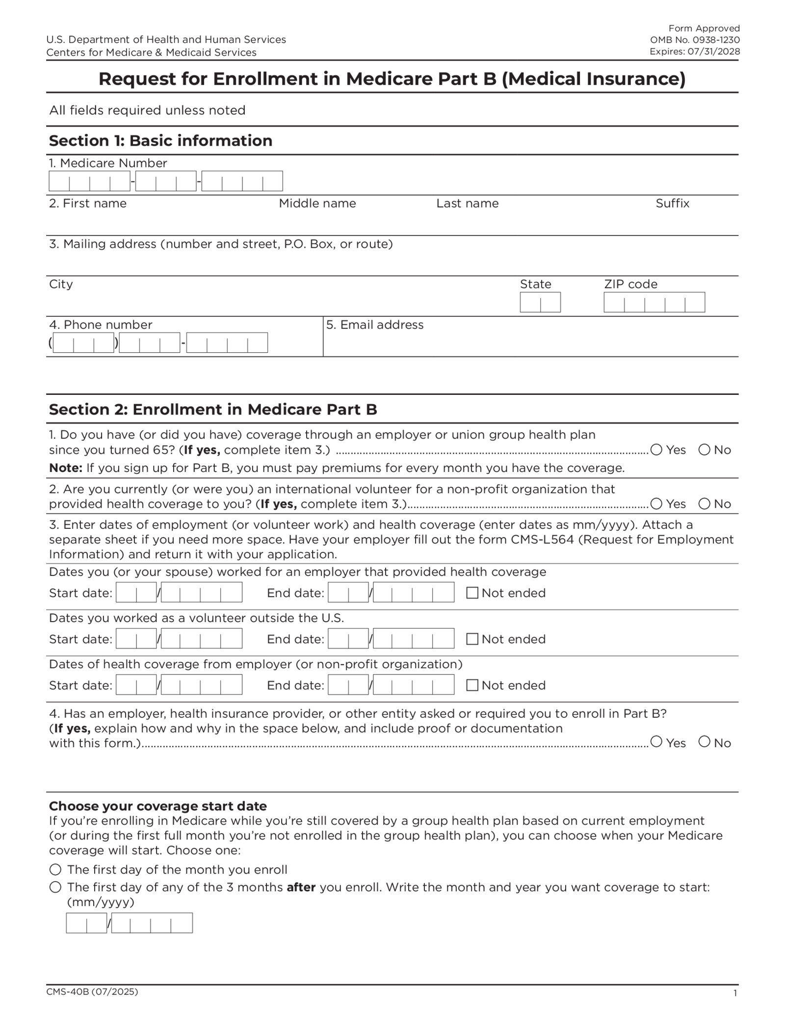 Form CMS-40B, Application for Enrollment in Medicare Part B (Medical Insurance) - Thumbnail