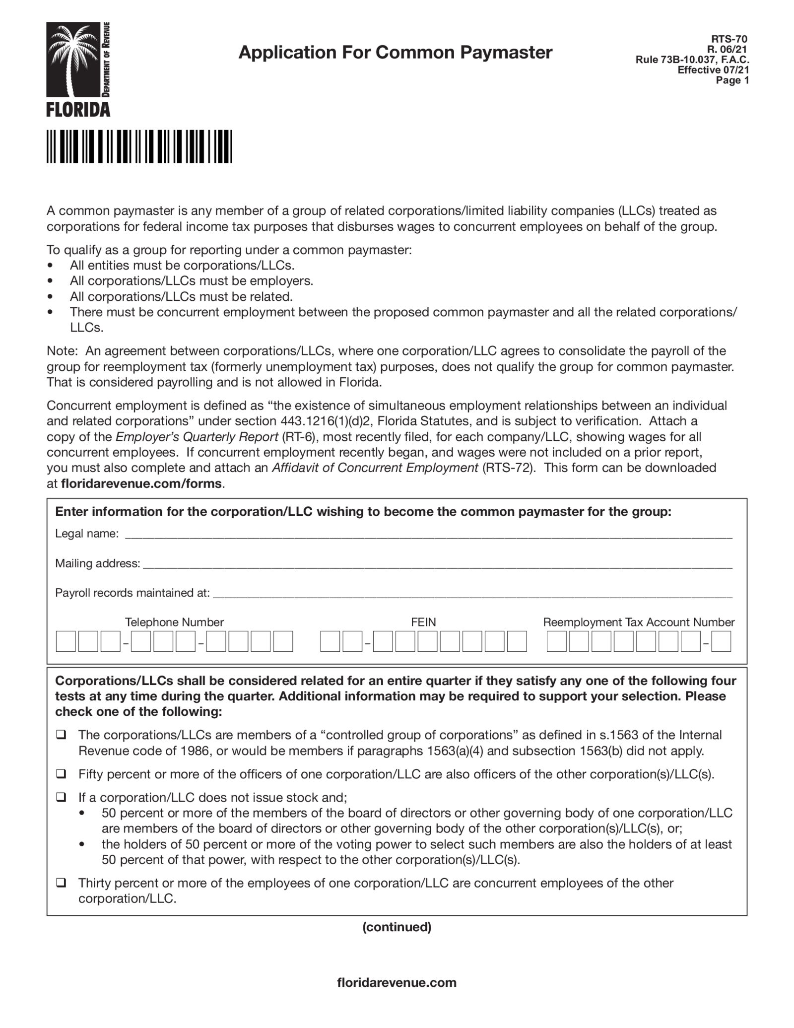 Application for Common Paymaster (Florida Form RTS-70) - Thumbnail