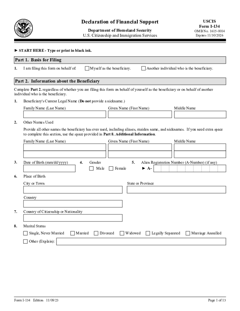 Form I-134 - Affidavit of Support