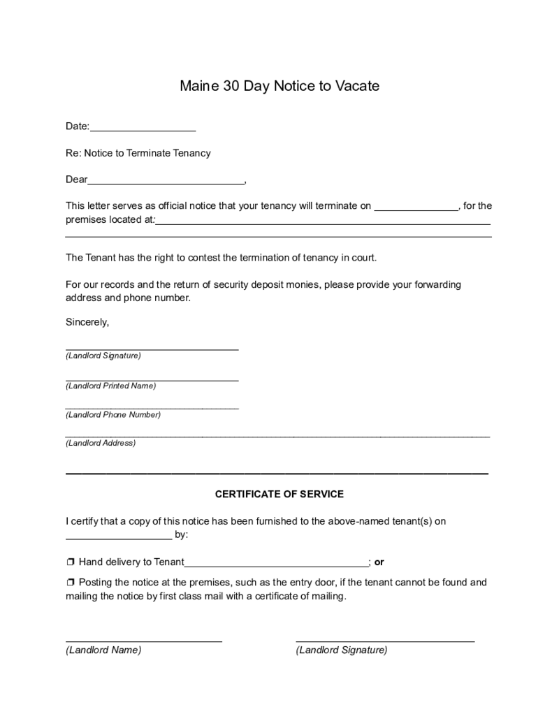 Maine 30 Day Lease Termination Notice Form