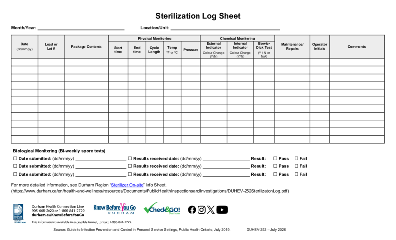 Sterilization Log Sheet