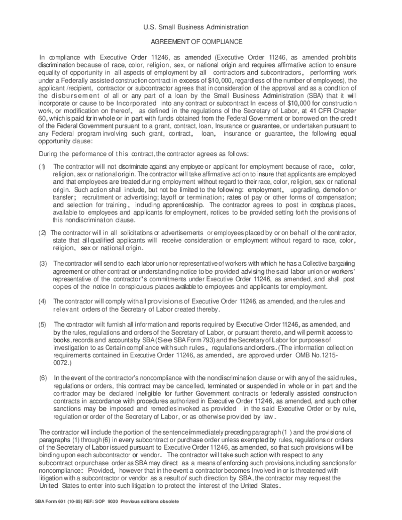 SBA Form 601 - Agreement of Compliance