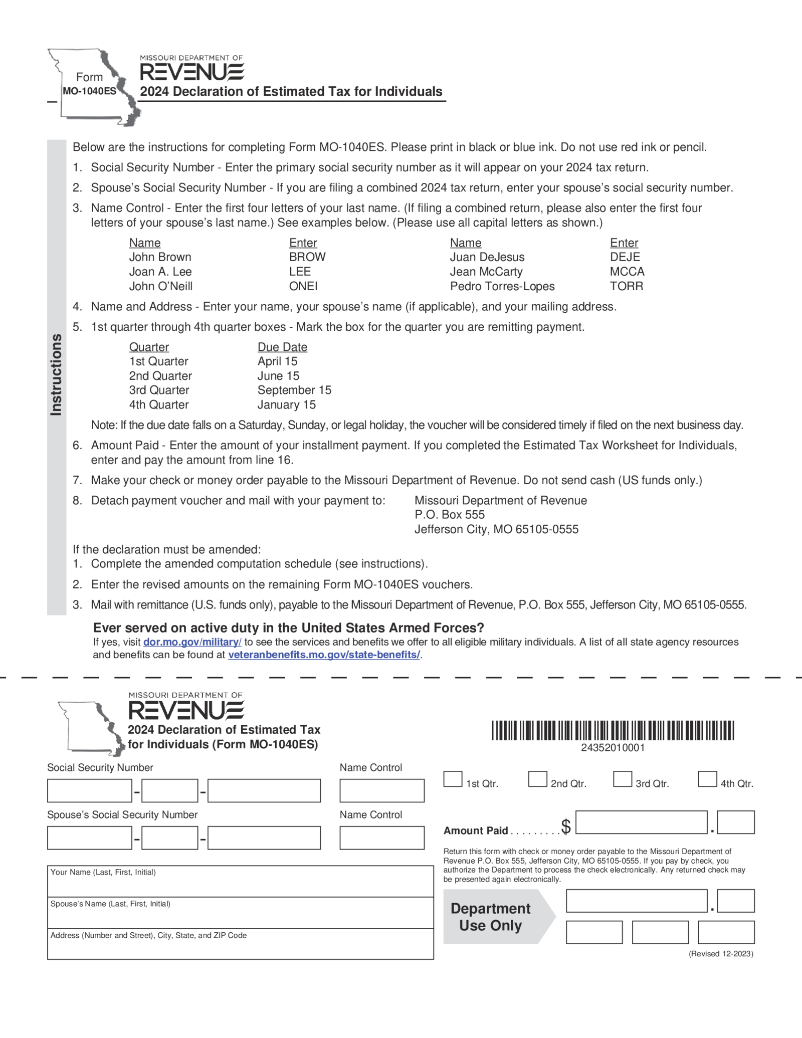 Form MO-1040ES - Estimated Tax Declaration for Individuals - Thumbnail