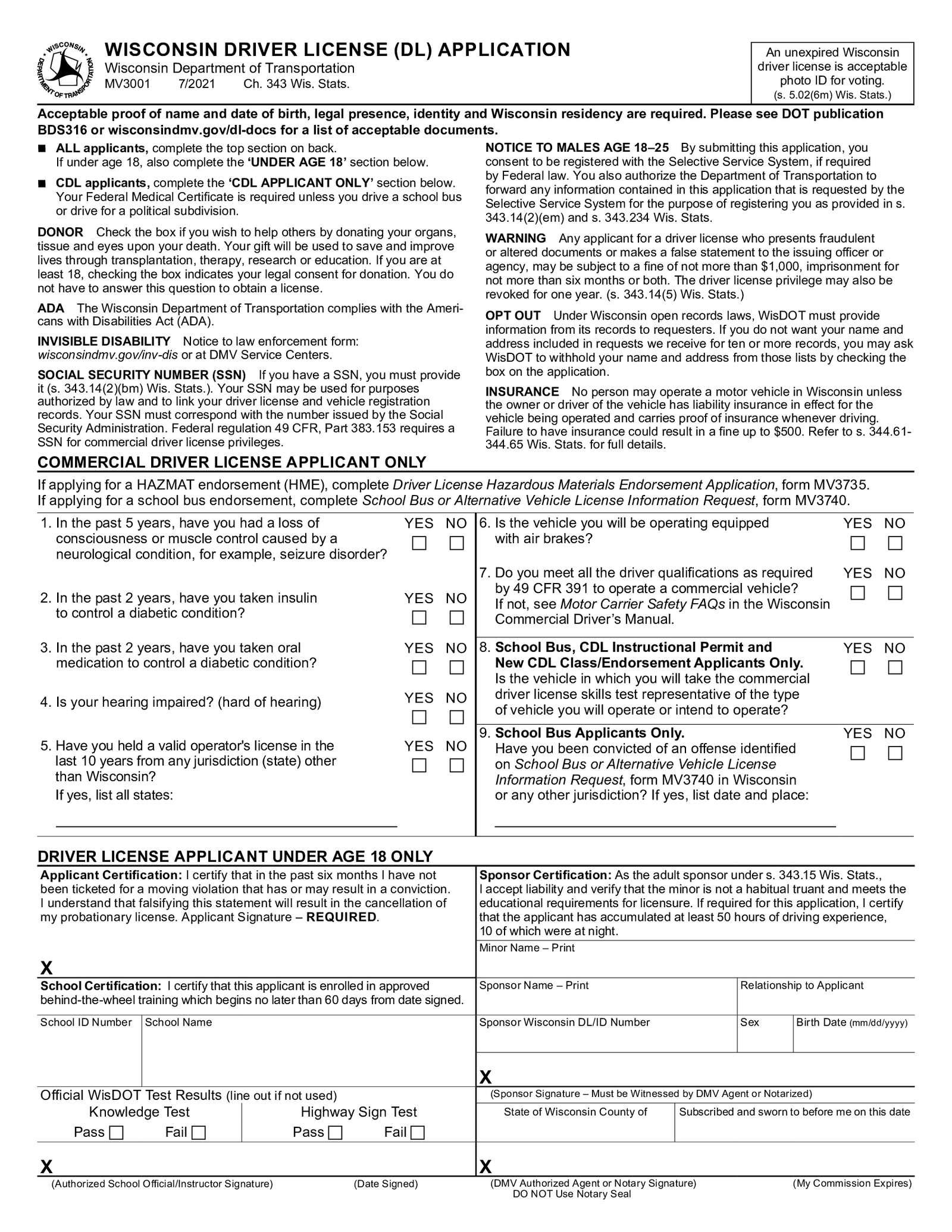 Form MV3001 - Wisconsin Driver License Application - Thumbnail