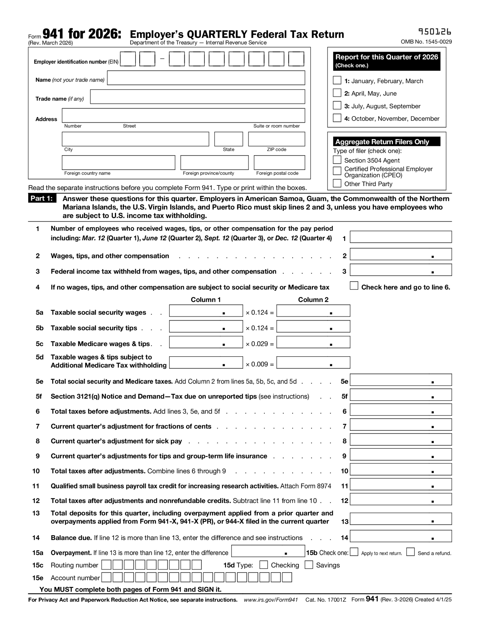 Form 941 (March 2026) - Thumbnail