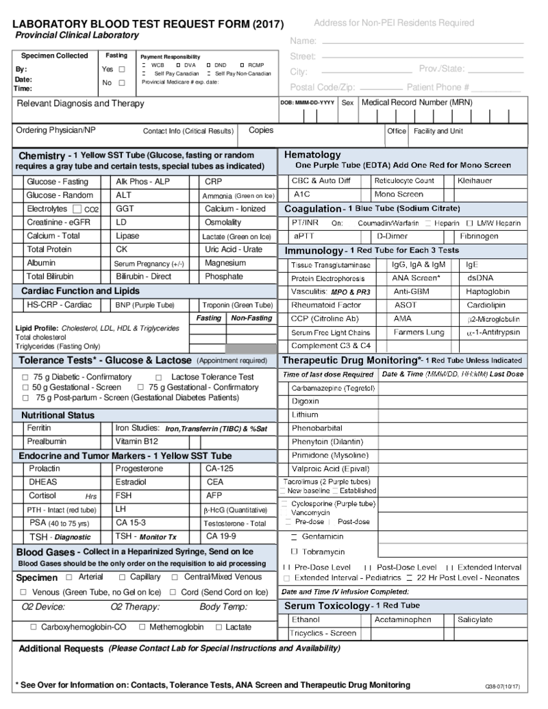 Laboratory Blood Test Request Form