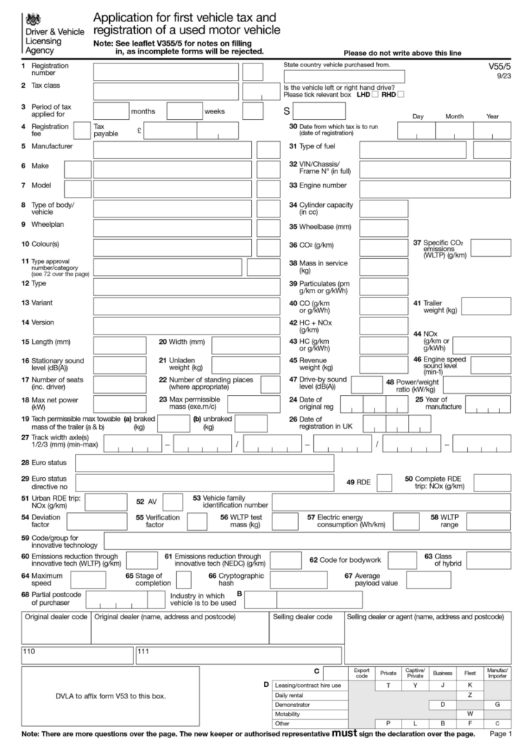 Register a used vehicle for the first time (V55 5)