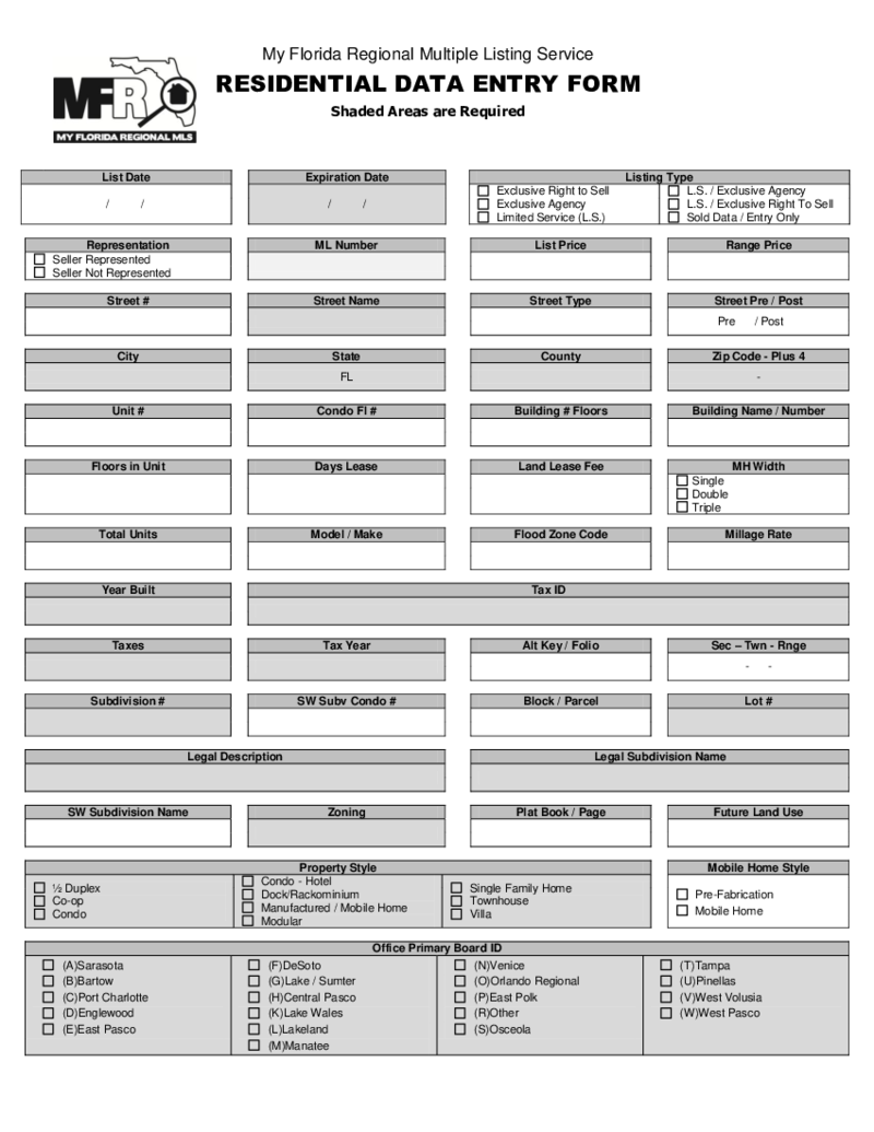 MFR MLS Residential Data Entry Form