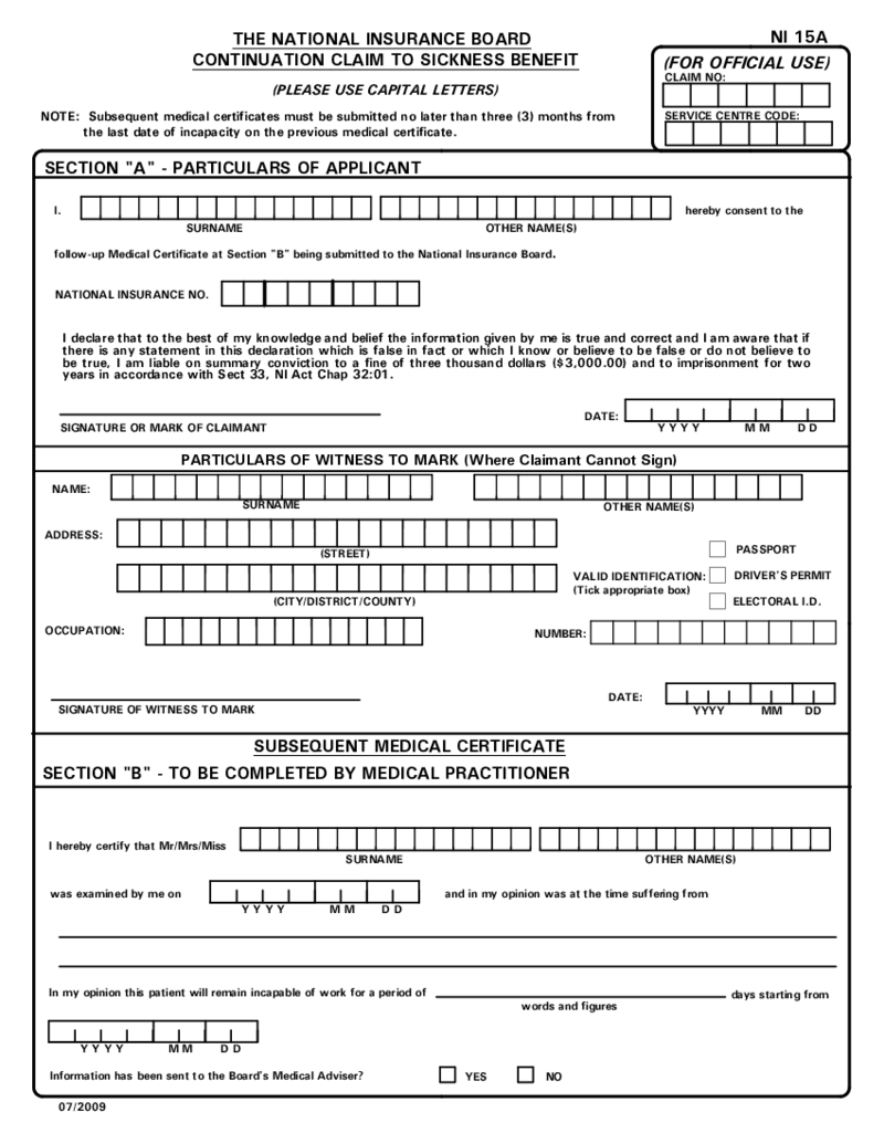 National Insurance Board Continuation Claim to Sickness Benefit (NI 15A)