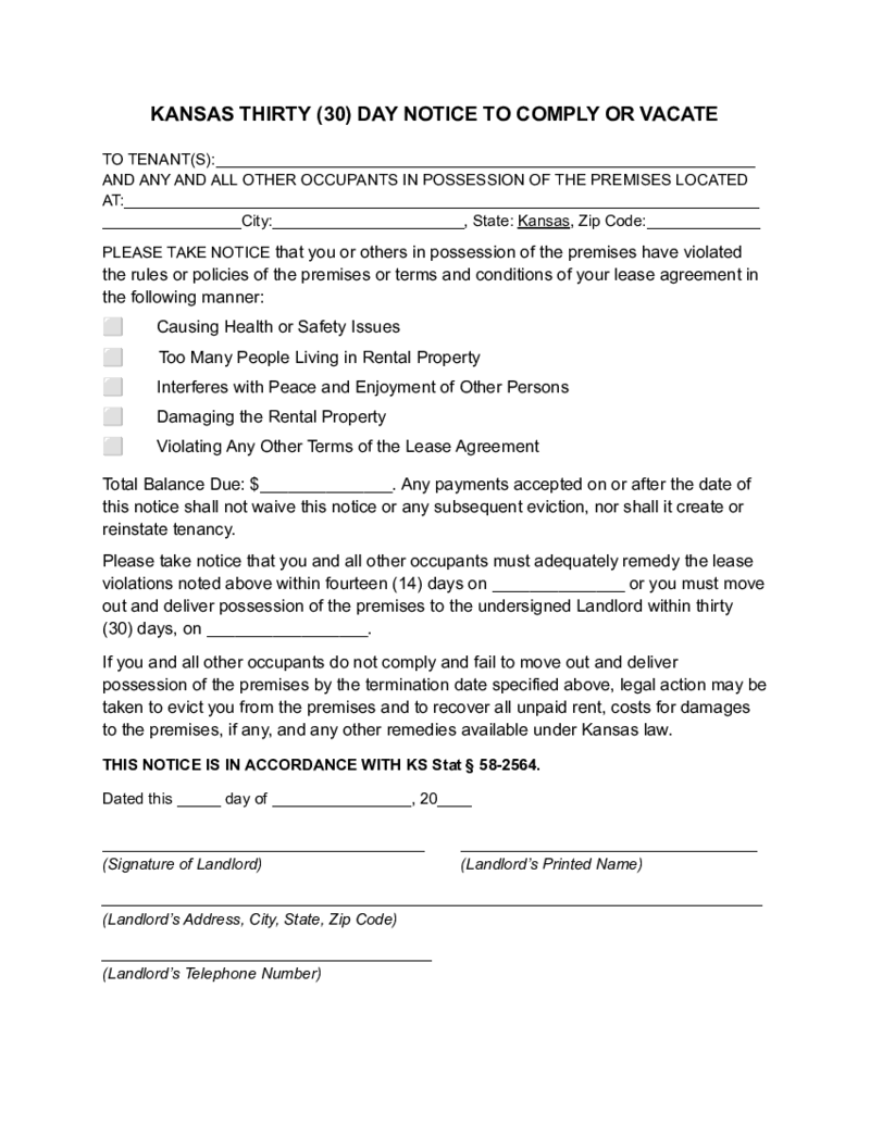 Kansas 30 Day Lease Termination Notice Form