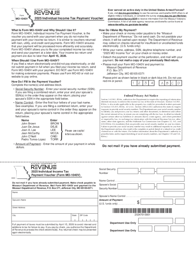 Form MO-1040V - Individual Income Tax Payment Voucher