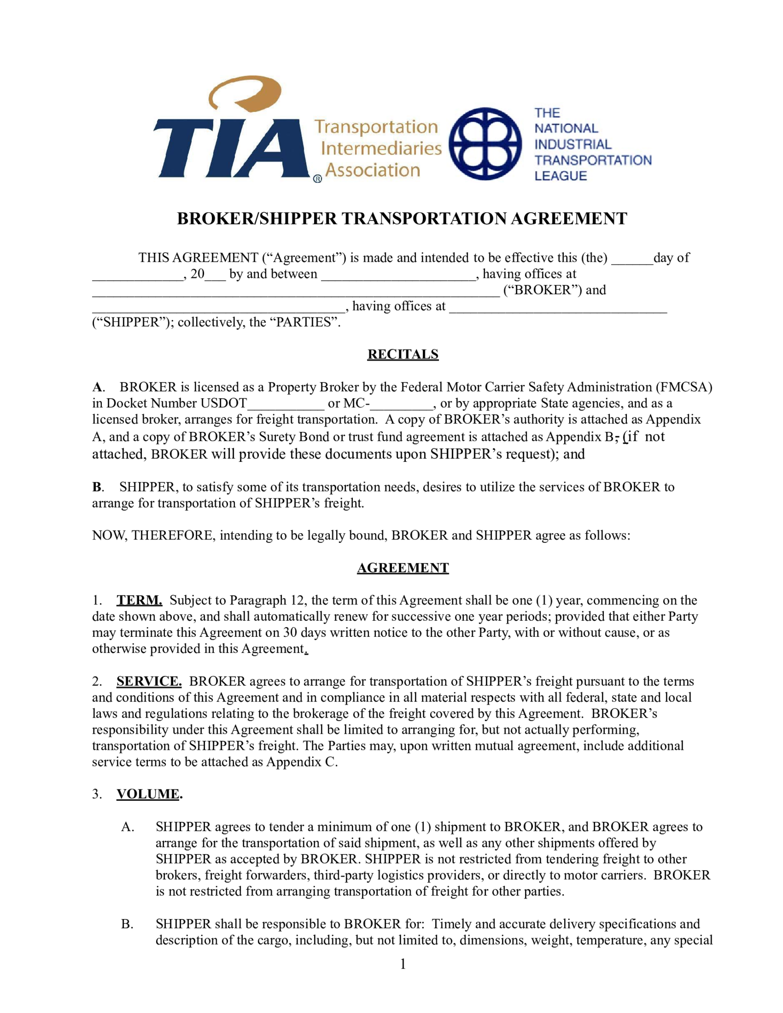 Fillable TIA Broker Shipper Transportation Agreement - Thumbnail