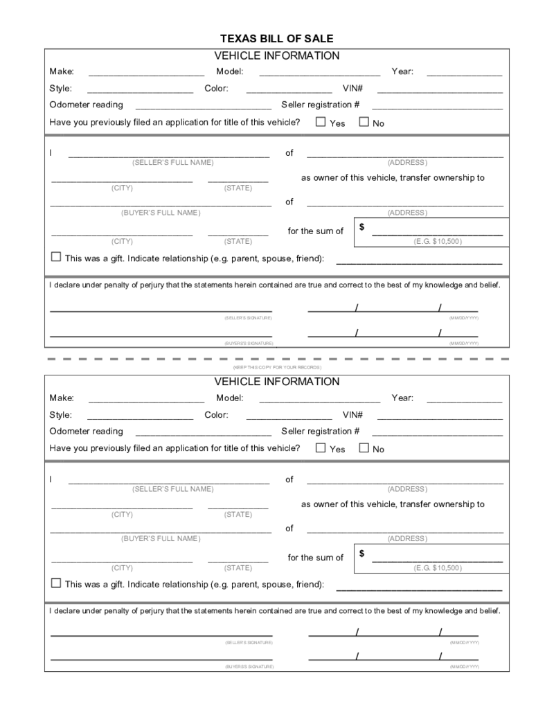 Texas Motor Vehicle Bill of Sale