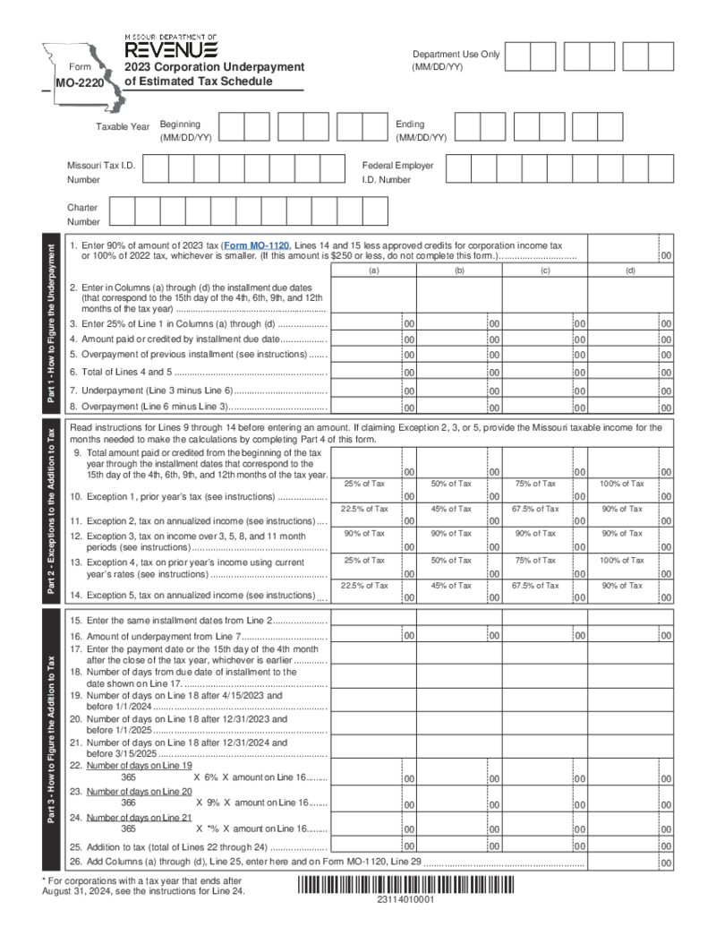 Form MO-2220 - Corporation Underpayment of Estimated Tax Schedule