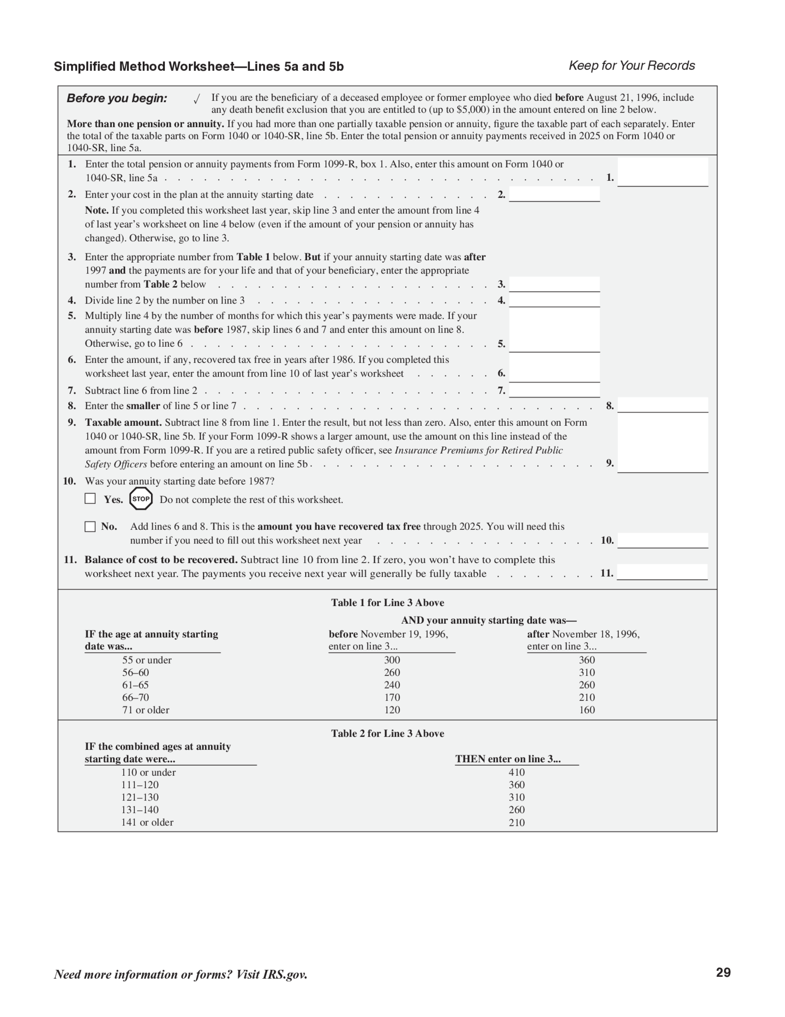 Simplified Method Worksheet, Lines 5a and 5b - Thumbnail
