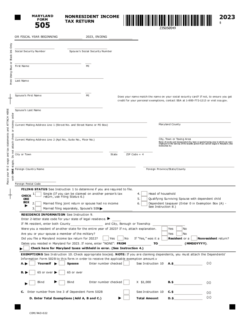 Maryland Tax Form 505 Nonresident Income Tax Return