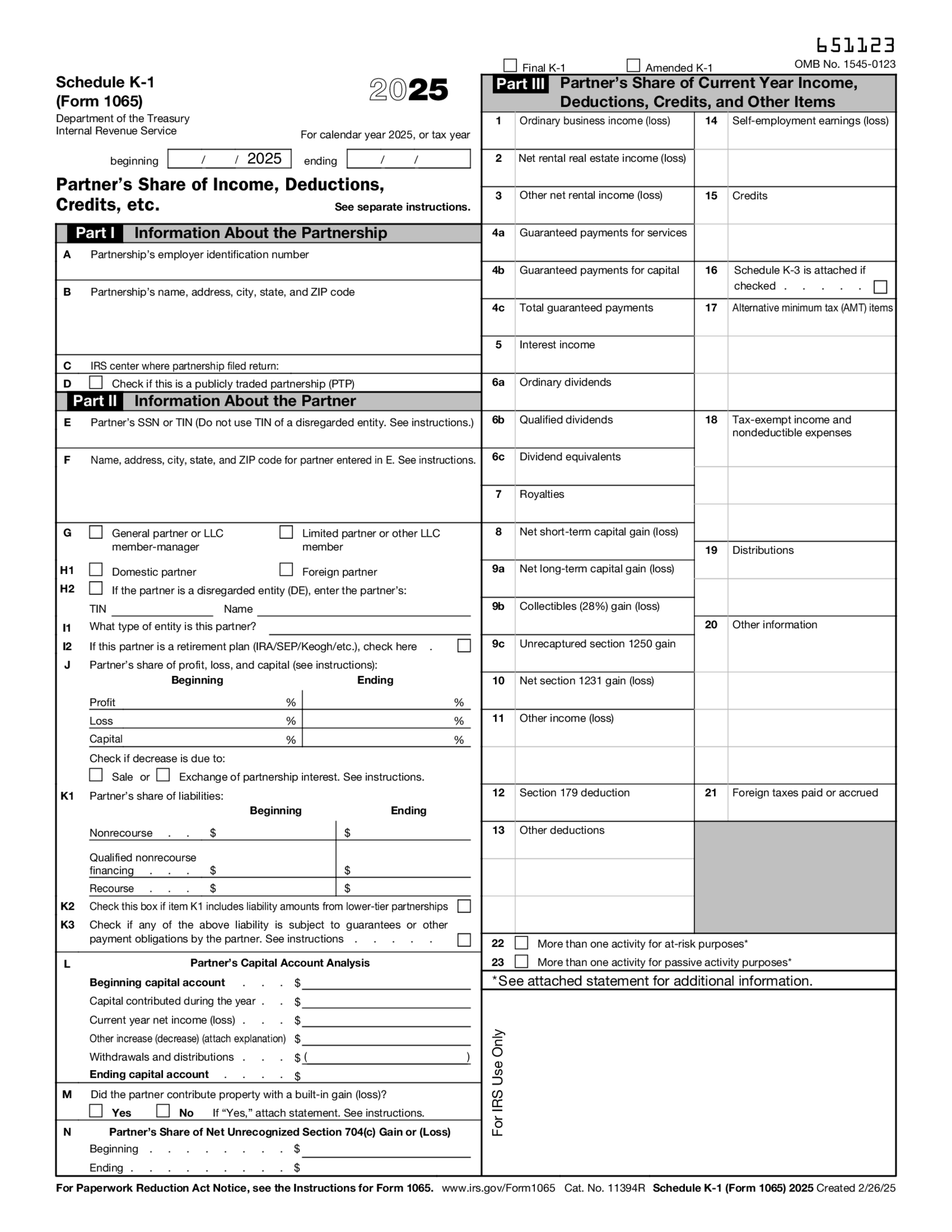 Schedule K-1 (Form 1065) 2025 - Thumbnail