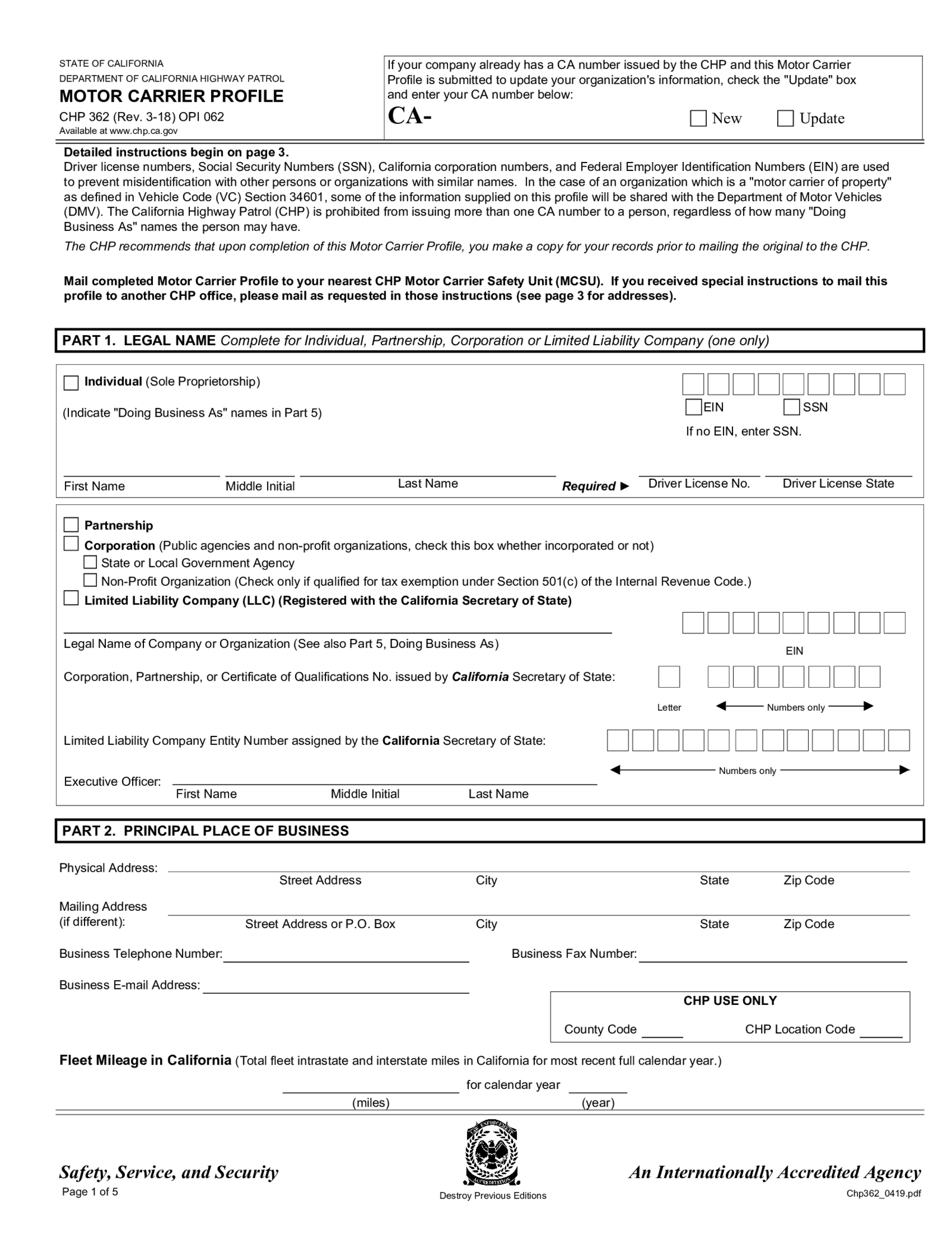Fillable CHP 362 Motor Carrier Profile - Thumbnail