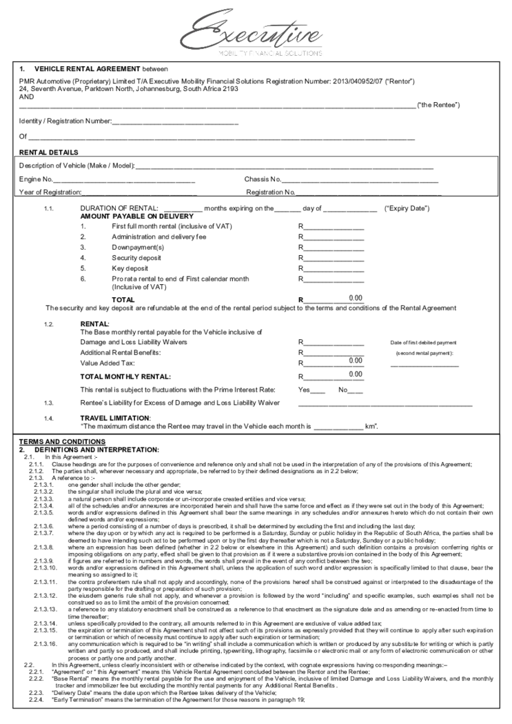 Vehicle Rental Agreement Template