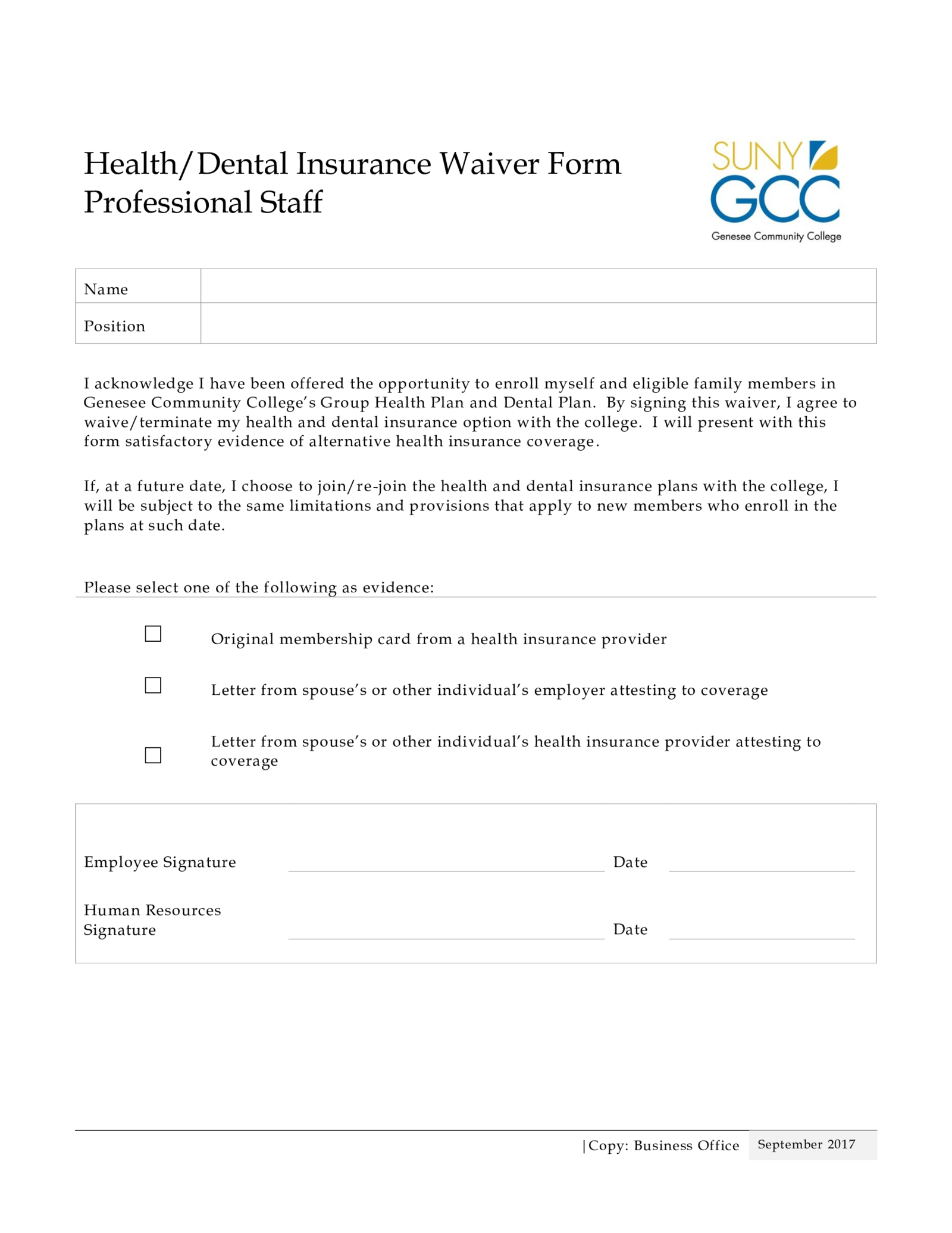 Dental Insurance Waiver Form - Thumbnail